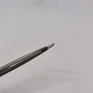 May include: Close-up of the tip of a pair of silver-toned tweezers with a serrated edge.