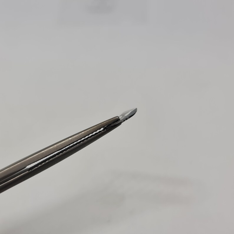 May include: Close-up of the tip of a pair of silver-toned tweezers with a serrated edge.