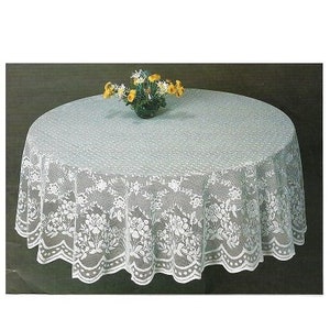 70 inch Round Lace Tablecloth with classic reproduction of  Victorian lace pattern with flowers and dots. Color options- white, cream