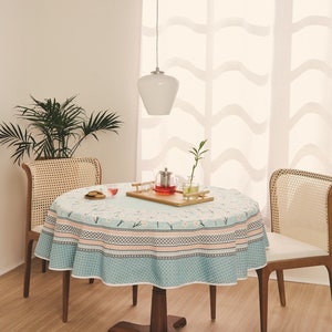 Sakura flowers -Aqua color printed floral tablecloth with white cherry blossom flowers. Size options 60 inch Round and 55x83 inch Rectangle