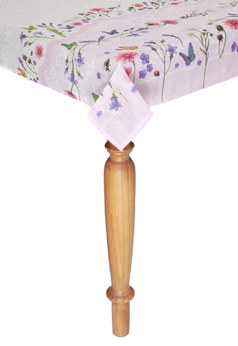 Pink floral tablecloth with design of delicate flowers and Etsy