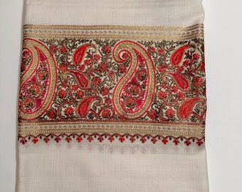 Soft Kashmiri Shawl, Off White Woolen Zari Embroidery (40"x84")