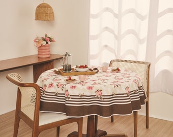 60 inch Round tablecloth Rose Floral Printed checkered with chocolate brown striped border. Vintage inspired printed table cover