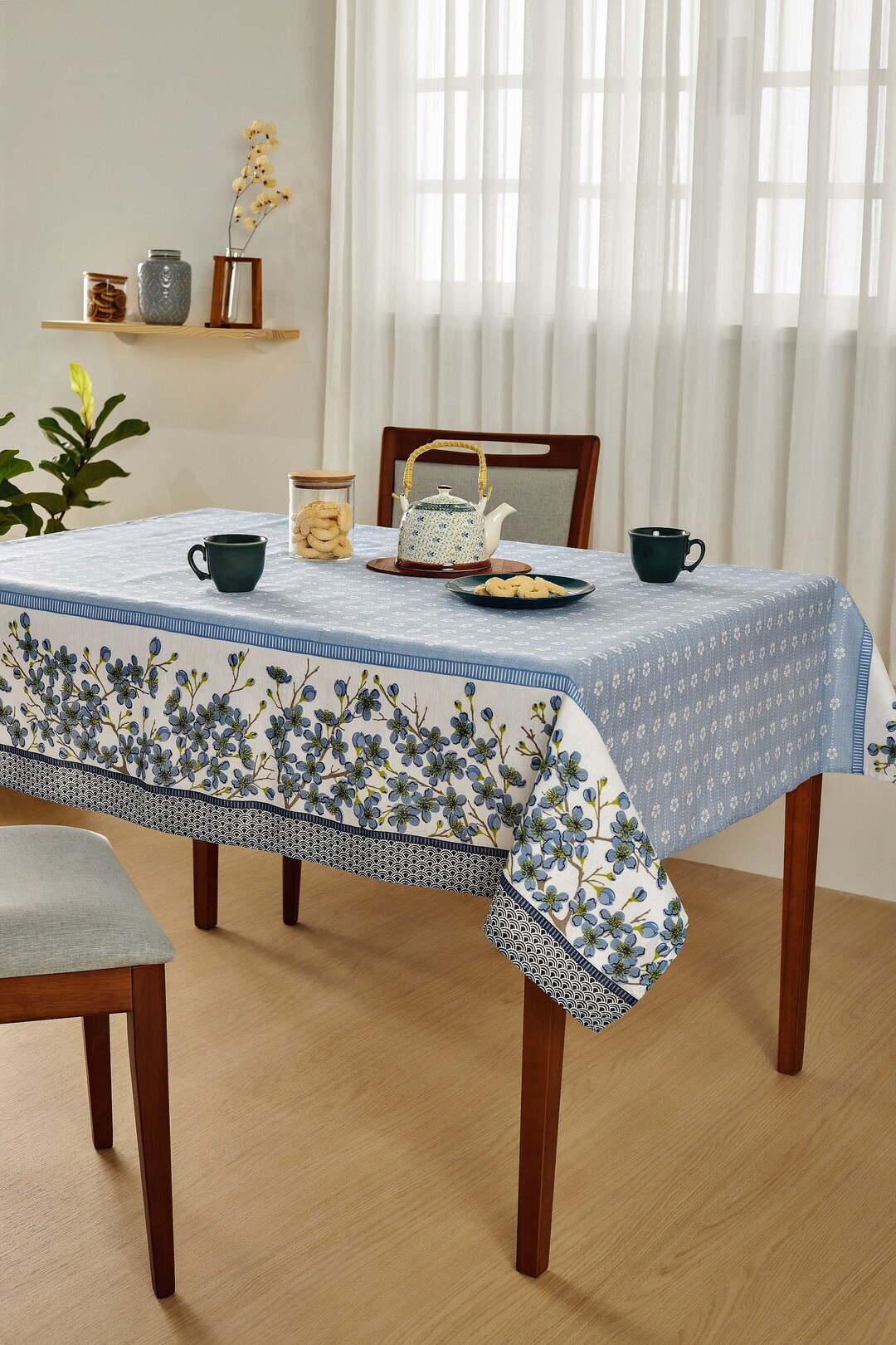Blue and White Tablecloth Printed With Oriental Flowers - Etsy