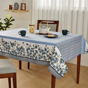 Blue and White Tablecloth Printed with Oriental Flowers- 60" Round, 55"x83"Rectangle