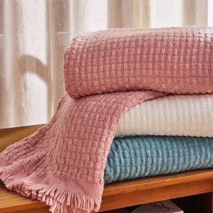 Waffle Weave Lightweight Throw Blanket with Eyelash Fringe 50" W x 60" L. Throw Blanket for Sofa, Chair or Bed. Cozy and Soft