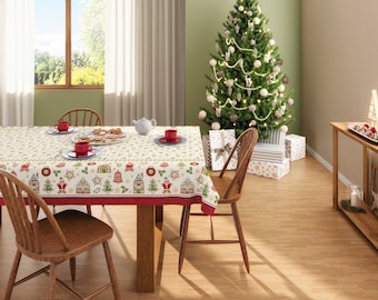 Christmas Tablecloth printed with Xmas elements of ornaments, snowflakes and Christmas trees