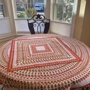 Orange and white Tablecloth Round 61" and 29.5"x29.5" Square overlay 2 pc. set. Print of fruit design of pears, apples, cherries.