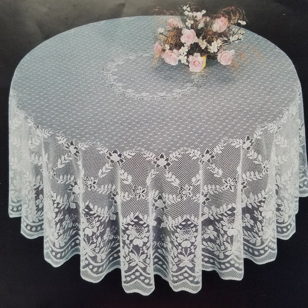 Fine White Lace Tablecloth in 90 inch Round. Floral Design. Perfect for Wedding reception and  party