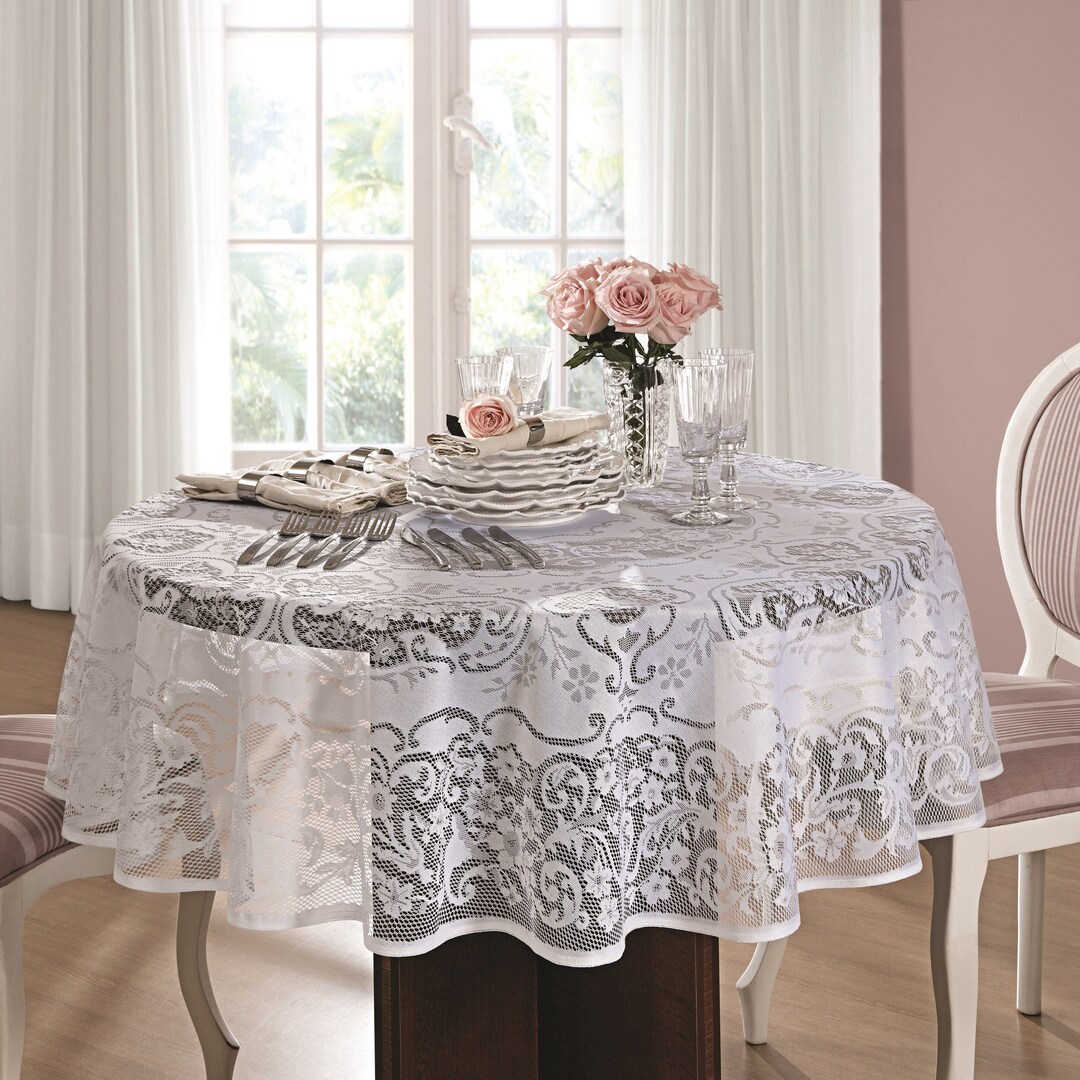 White Lace Tablecloth With Classic Reproduction of Victorian Lace Pattern in Round or Rectangle