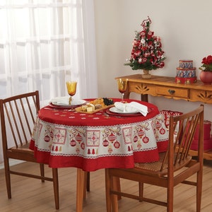 Christmas Tablecloth- Mid Century style in Red, light Cream and Gold classic colors.