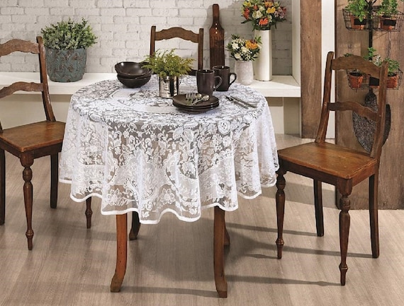 60 Inch Round Floral Lace Tablecloth, White or Cream Victorian Table Cover, Elegant Wedding Reception Linens, Shabby Chic Tea Party Decor