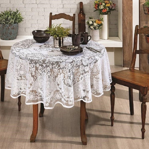 Lace Tablecloth - 60 inch Round  with classic Victorian lace pattern reproduction. Tablecloth is machine made.