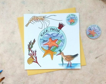 WYPRZEDAŻ: Rock Pooler Blank Greetings Card z odznaką Sealife Nautical Sea Creatures Gift Card