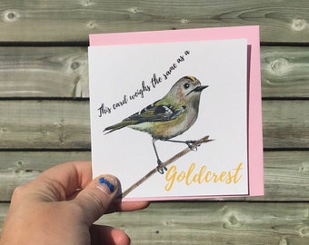 May include: A square greeting card with a pink border featuring a watercolor illustration of a goldcrest bird perched on a branch. The text reads, "This card weighs the same as a Goldcrest" in black and yellow script against a white background.