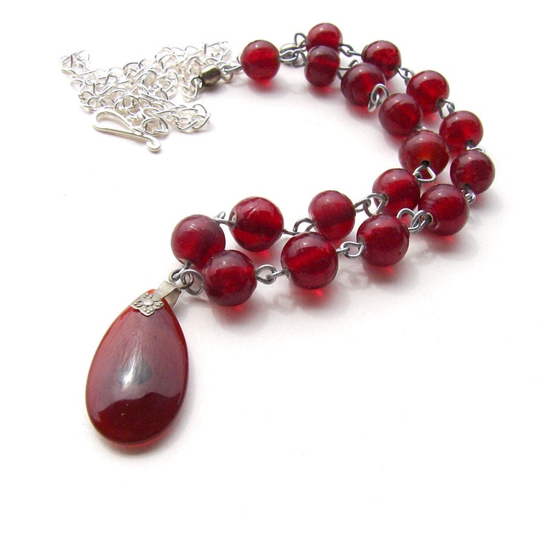 Carnelian Pendant and Glass Beaded Necklace Dark Red Glass image 0