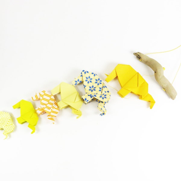 Elefantenparade gelb, Origami-Elefanten  als  Dekoration fürs Kinderzimmer