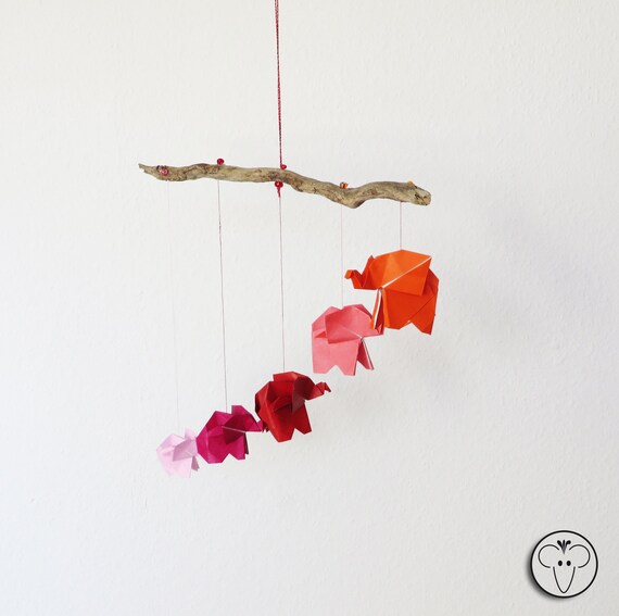Mobile With 5 Origami Elephants As Gift For Birth Decorative Baby Room