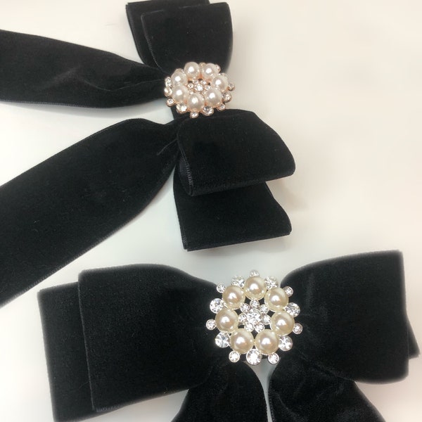 Black velvet hair clip double bow with Pearl and Diamanté embellishment in Gold, Silver, diamanté or plain.