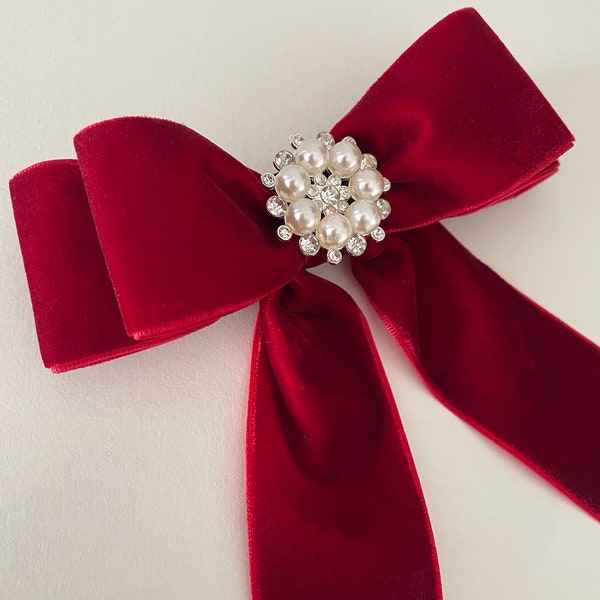 Cranberry red velvet hair bow clip double bow with Pearl and Diamanté embellishment in Gold, Silver, diamanté or plain.