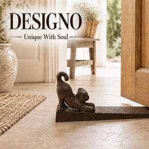 May include: A dark brown, cast iron doorstop shaped like a cat stretching its back. The cat figure is attached to a wedge-shaped base that holds a wooden door open. The text 'DESIGNO' and 'Unique With Soul' appears in the upper left corner.