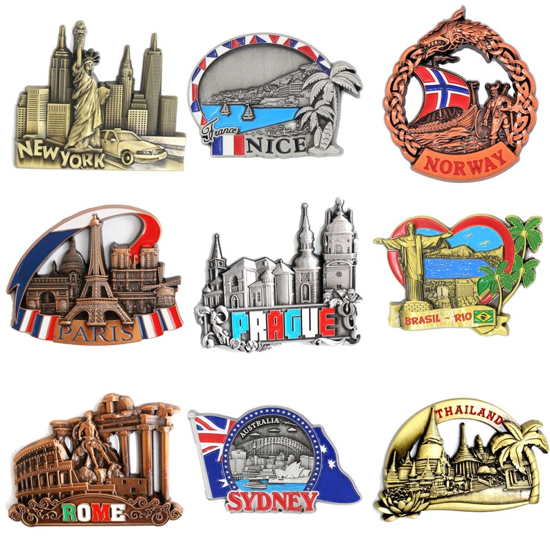 Grid of magnets: New York, Nice, Norway, Paris, Prague, Rio, Rome, Sydney, Thailand