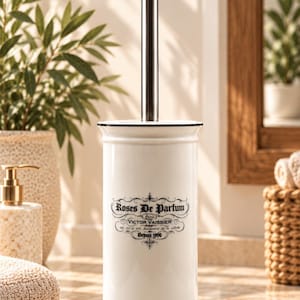 Op de afbeelding: Een witte keramische toiletborstelhouder met een zwarte rand en een zilverkleurige metalen handgreep. De voorzijde bevat zwarte tekst met de tekst Roses De Parfum, Victor Vaissier en Depuis 1900. De cilindrische houder heeft een gladde afwerking.
