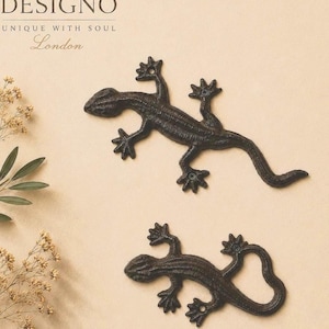 Decorazione da parete a forma di geco in ghisa, piccola 14 cm, grande 20 cm o coppia, ornamento da giardino a forma di lucertola