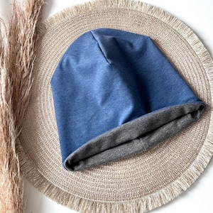 Kinder Beanie zum Wenden / jeansblau/dunkelgrau / Wendebeanie