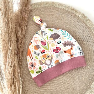 Gorro para recién nacido, gorro anudado, bebé zorro erizo flores, circunferencia de la cabeza 37/38 cm