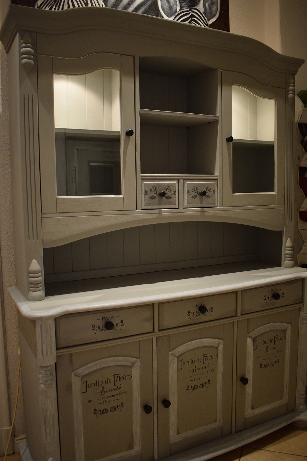 Armoire Buffet Vintage Style Français – Palazzo INT – Noir – 5 Tiroirs, 2 Portes Vitrées