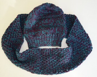 Lila/Petrol Wollschal & Mütze