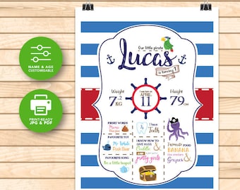 May include: A blue and white striped printable poster with a nautical theme. It features a ship's wheel with the text "I was born on April 11". The poster also includes a pirate octopus, a treasure chest, and the text "Our little pirate Lucas is turning 1".