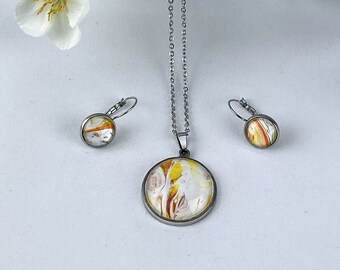 Stainless steel necklace with pendant (acrylic pouring artwork) and earrings (ø12 mm French hangers) in a set - unique