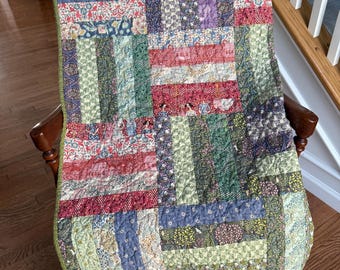 Handmade Throw Size Cotton Quilt, Purple Green Patchwork, Housewarming Gift
