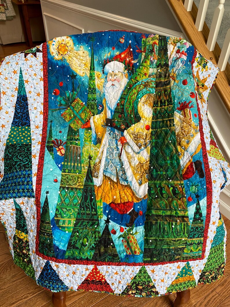 Christmas Wall Hanging or Lap Size Quilt, Vibrant Colored Holiday Quilt