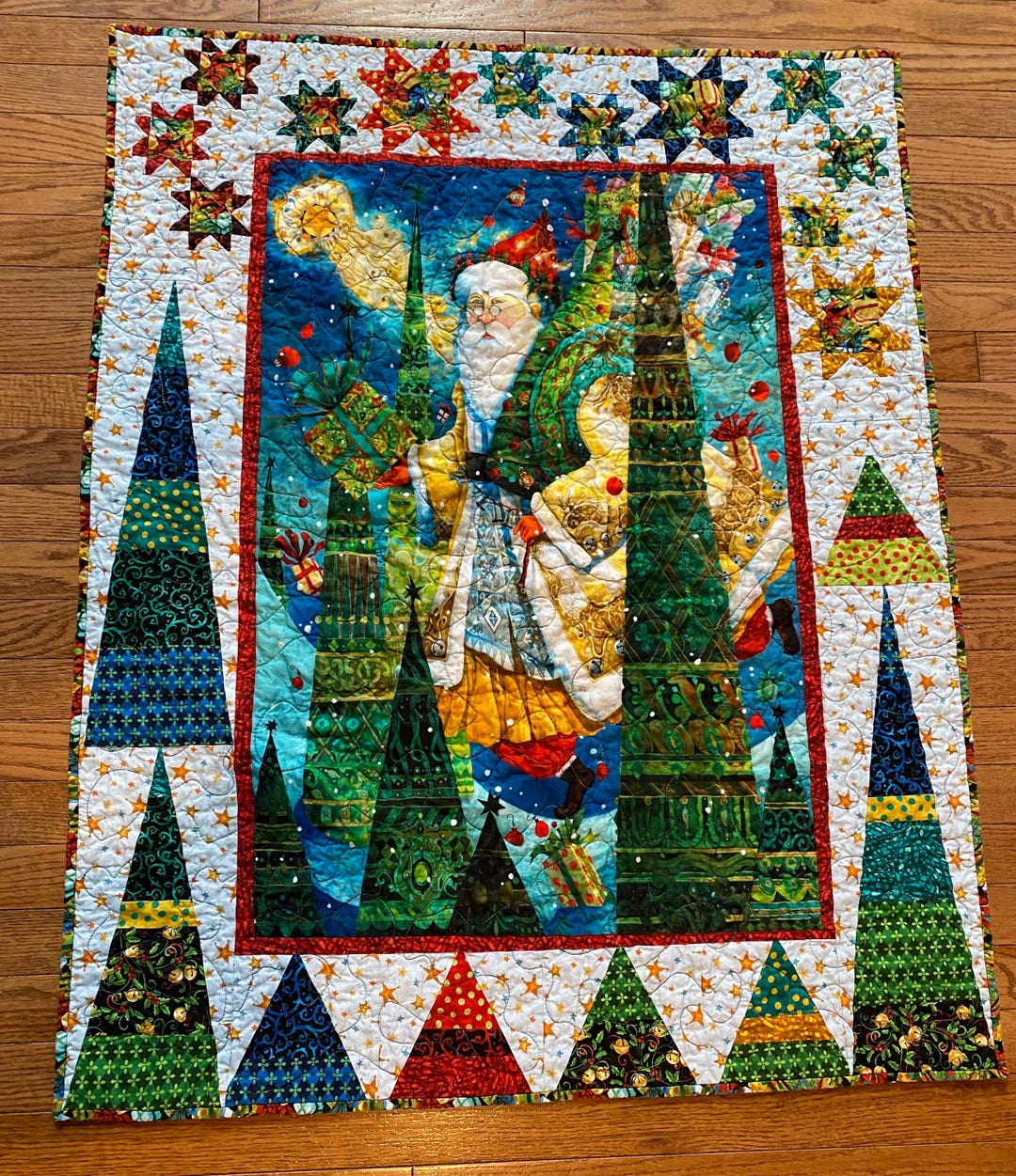 Christmas Wall Hanging or Lap Size Quilt, Vibrant Colored Holiday Quilt