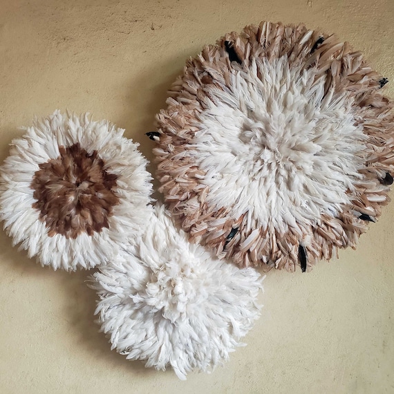 Brown white Juju Hats Set Of 3 Juju Hat Wall Decor White Feather Textile Wall Hanging brown white Living Room Decor