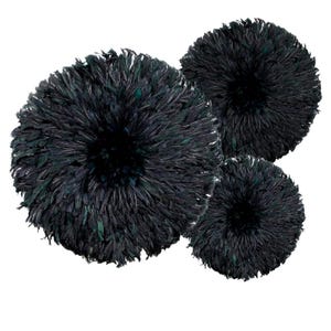 Peut inclure: Trois décorations murales en plumes noires et vertes en forme de cercle.