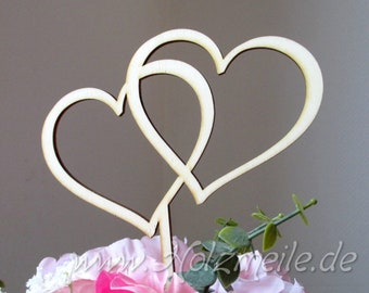 Blumen- / Tortentopper "Love" zwei Herzen aus Holz zur Hochzeit