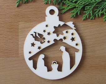 Tree decoration ball nativity scene made of wood, gift tags