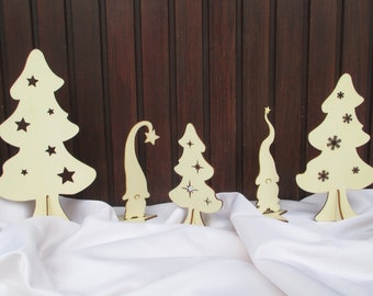 Winter gnome forest set of 5 made of wood, Christmas trees, gnomes to put up