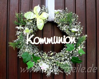 Lettering communion without door wreath, table decoration, floristry, first communion