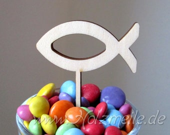 Cake topper for muffins Fish Ichtys made of wood, cupcakes, communion, confirmation, baptism, mini topper, first communion