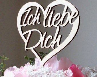 Blumen- /Tortenstecker Herz "Ich liebe Dich!" aus Holz, Floristik, Caketopper, Kuchentopper, Valentinstag, Verlobung, Jahrestag, Tortentoppe