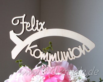 Blumen- / Tortenstecker "Kommunion" in Fisch Ichtys mit Name personalisiert aus Holz, Caketopper, Tortentopper, Floristik, Blumenschmuck