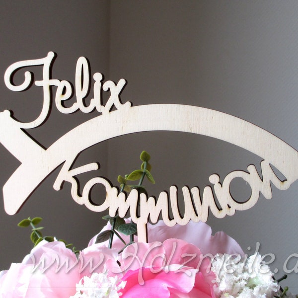 Blumen- / Tortenstecker "Kommunion" in Fisch Ichtys mit Name personalisiert aus Holz, Caketopper, Tortentopper, Floristik, Blumenschmuck