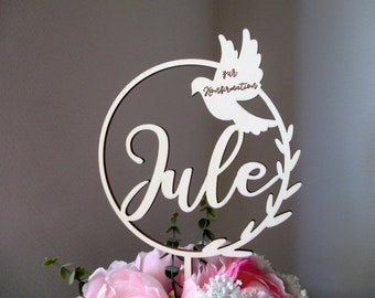 Cake topper for confirmation with name, dove and eucalyptus made of wood