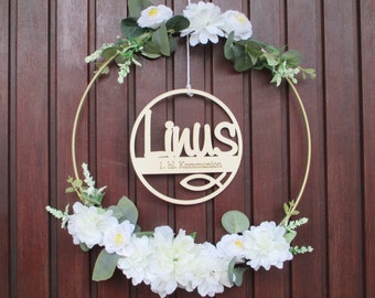 Communion circle with name and fish made of wood for door wreaths, communion decoration, confirmation, baptism, etc.