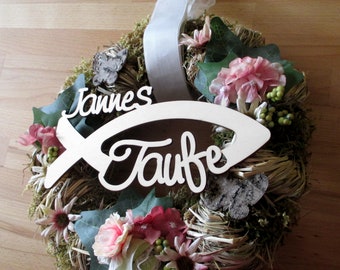 Baptism lettering for the door wreath with fish and name, decoration entrance door